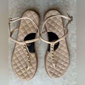 Authentic Chanel Classic Beige/Nude Lambskin Chain T Strap Sandals